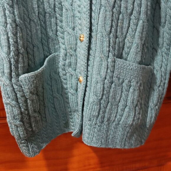 Vintage Heavy Cable Knit Chunky Gold-Button Cardigan Sweater Large Wool Blend - Picture 4 of 12